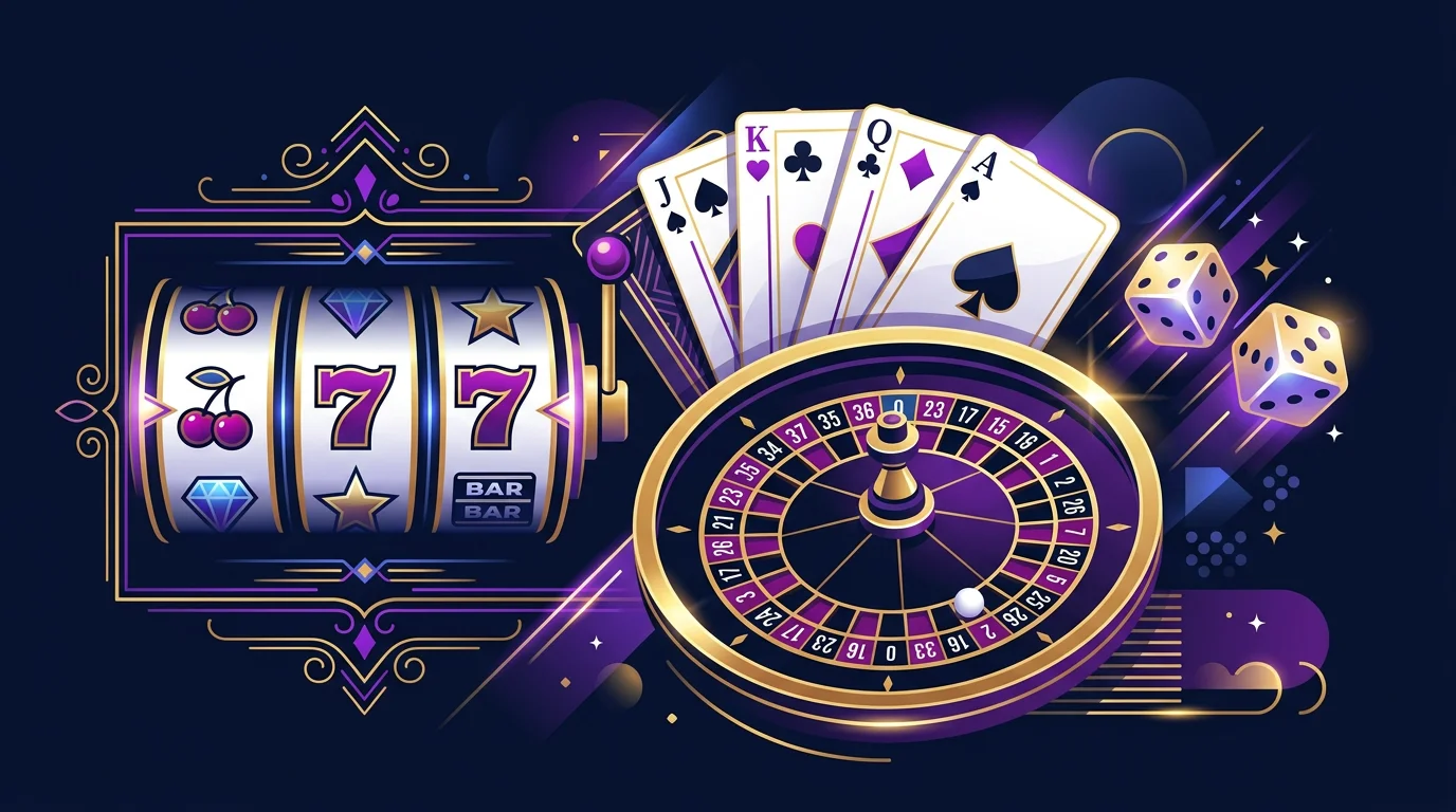 Abstract illustration of Mad Casino game variety, slots, cards, roulette and dice on a dark navy background